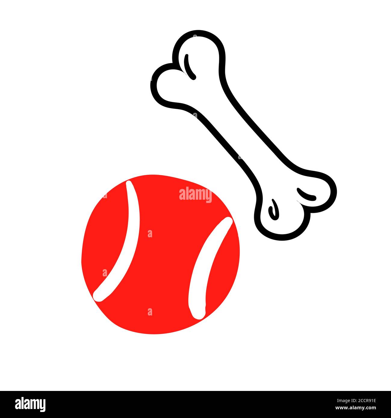 Giocattoli per cani, icona a forma di linea rotonda. Illustrazione del doodle con il logo del contorno della sfera e dell'osso. PET giochi semplice schizzo sottile disegnato a mano. I cani giocano elemento per il vettore sociale highlights isolato su sfondo bianco. Illustrazione Vettoriale
