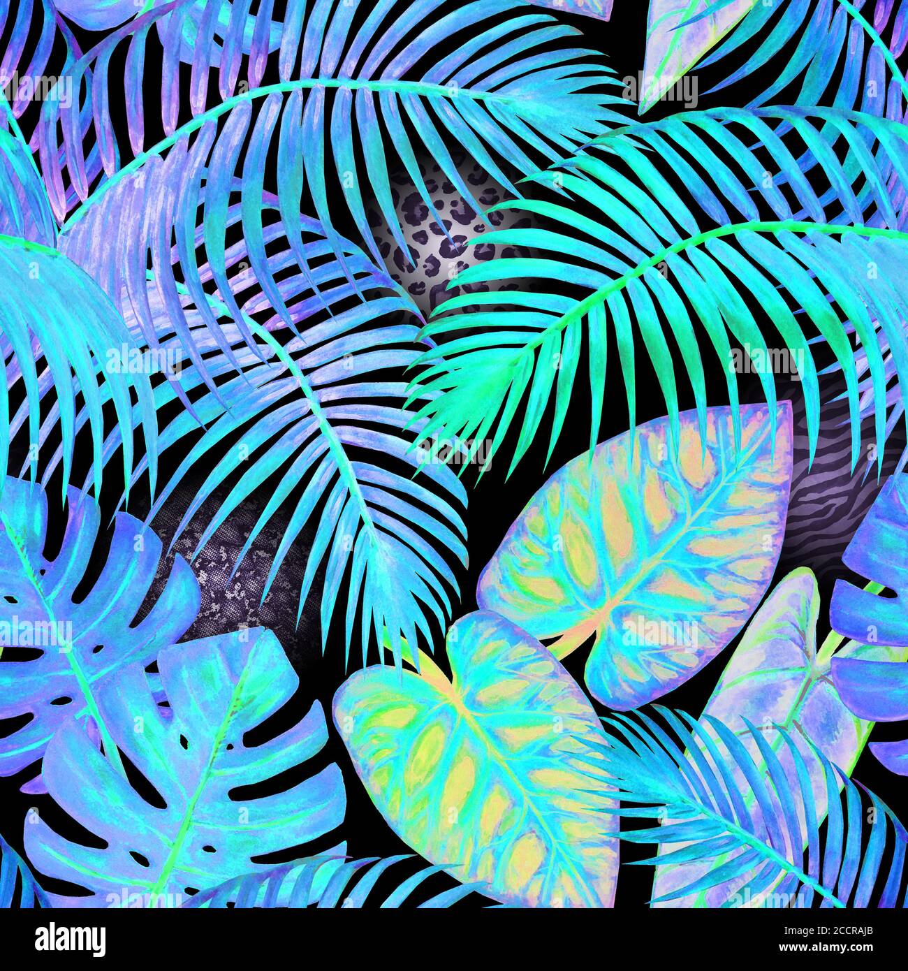 Acquerello astratto estate motivo senza giunture con colori luminosi al neon piante tropicali e animali su sfondo nero. Acquerello mano disegnato tex esotico Foto Stock