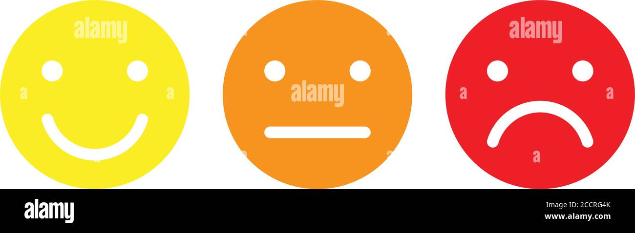 Set di emoticon di base. Tre espressioni facciali della scala di feedback - da positiva a negativa. Icone vettoriali semplici. Illustrazione Vettoriale