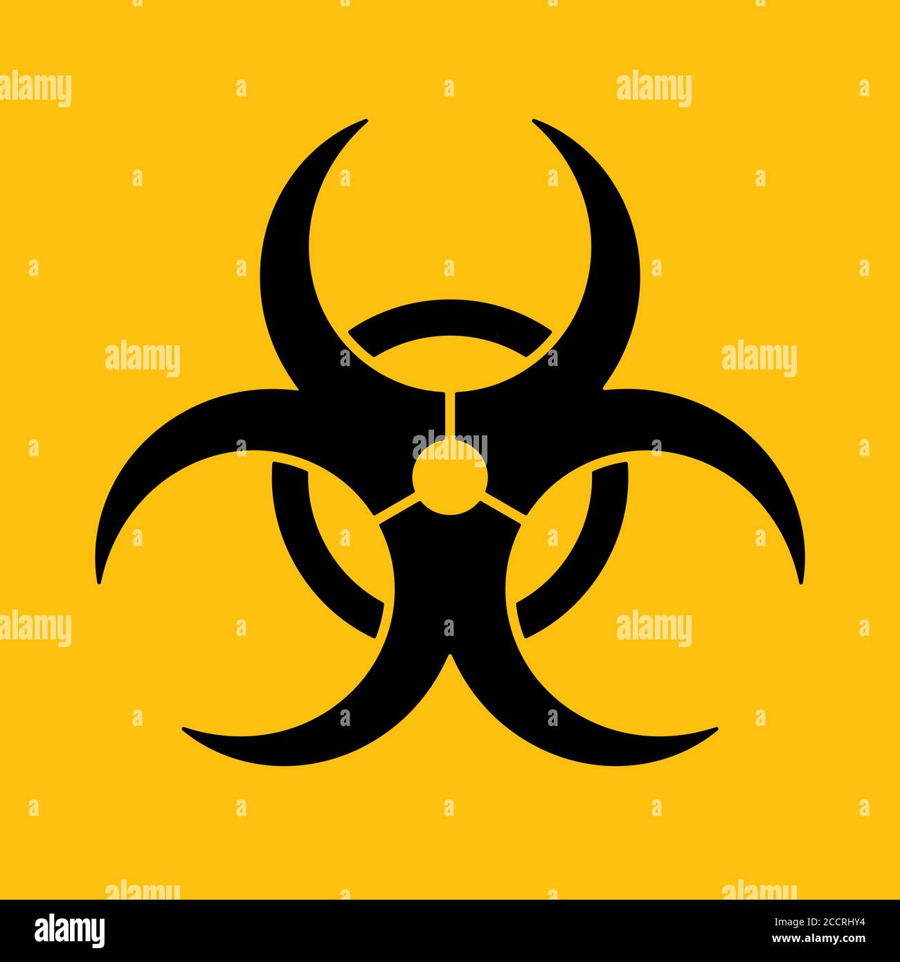 Cartello di avvertenza rischio biologico. Simbolo di pericolo causato da microrganismo biologico, virus o tossina. Semplice illustrazione vettoriale nera piatta su sfondo giallo. Illustrazione Vettoriale