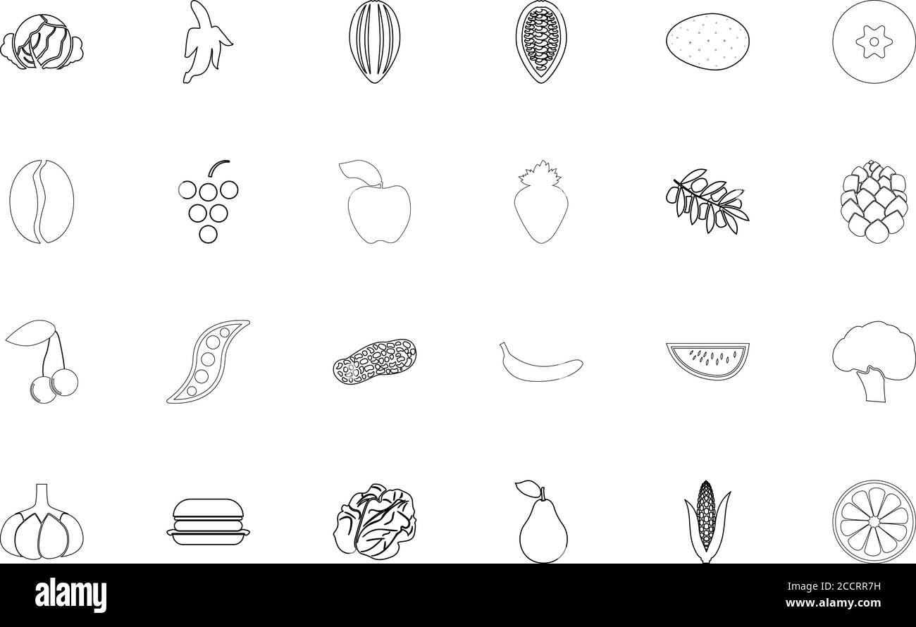Cibo frutta verdura colore nero insieme contorno stile illustrazione vettoriale Illustrazione Vettoriale