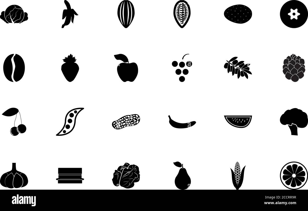 Cibo frutta verdura colore nero insieme pieno stile vettoriale illustrazione Illustrazione Vettoriale