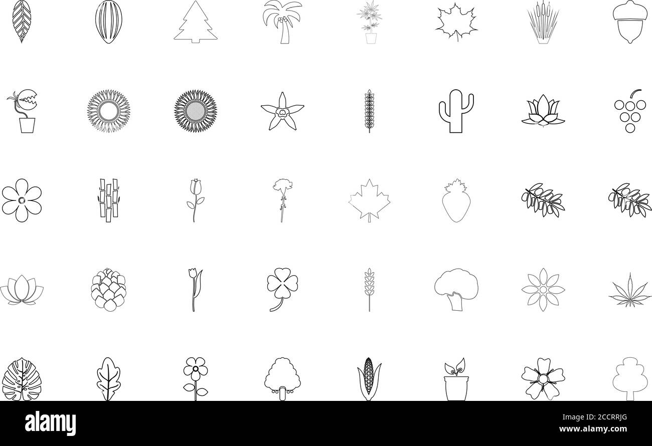 Natura piante colore nero insieme pieno stile vettoriale illustrazione Illustrazione Vettoriale