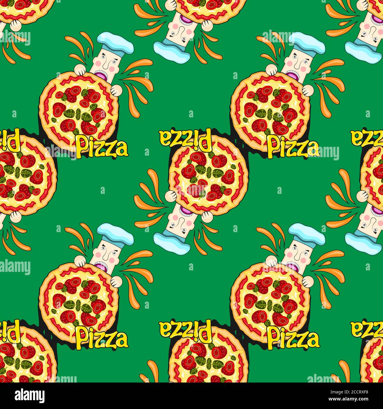 modello senza cuciture di pizza chef cartone animato mangiare su sfondo verde. Immagine vettoriale Illustrazione Vettoriale