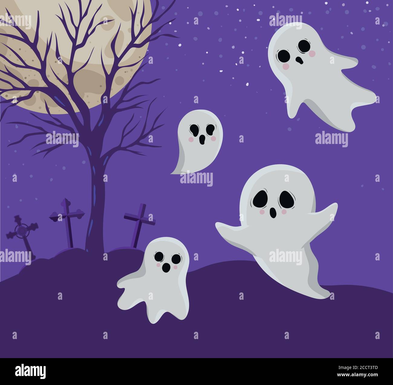 Halloween fantasmi cartoni animati di fronte al cimitero design, vacanza e  tema spaventoso illustrazione vettoriale Immagine e Vettoriale - Alamy