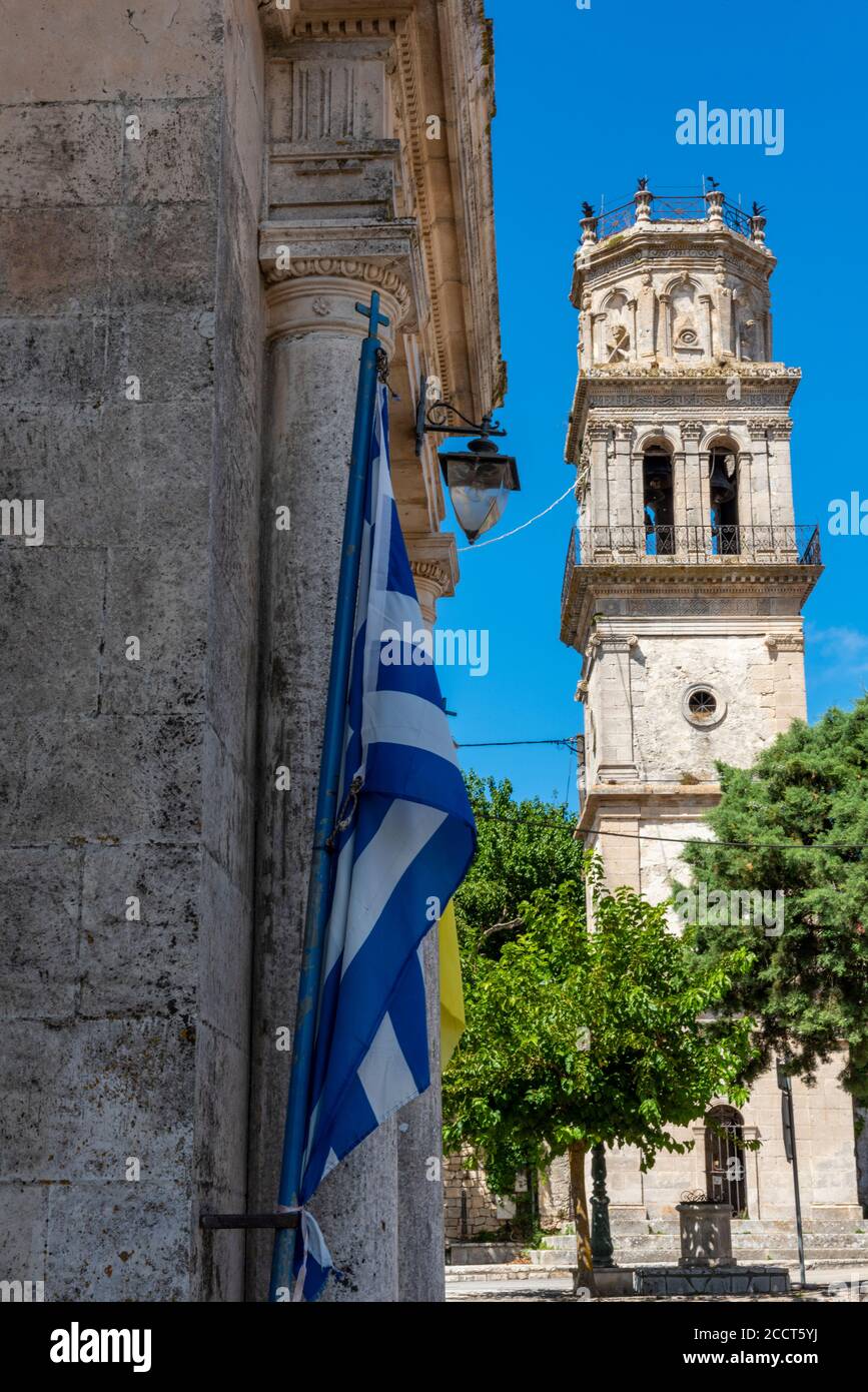 Il campanile, la chiesa di San Nicola, Kiliomenos Village, Zacinto (Zante) Island, Grecia Foto Stock