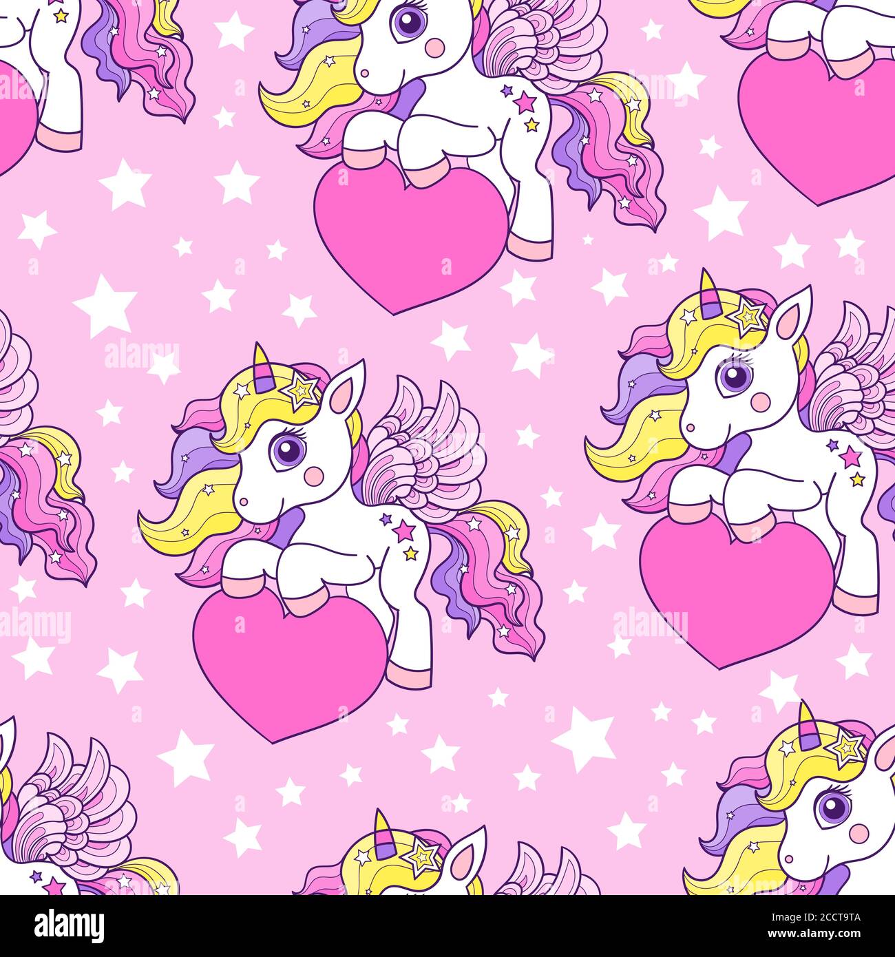 Unicorni modello senza cuciture con cuori su sfondo rosa. Per la progettazione di sfondi, tessuti, sfondi, carta da imballaggio, ecc. Vector Illustrazione Vettoriale