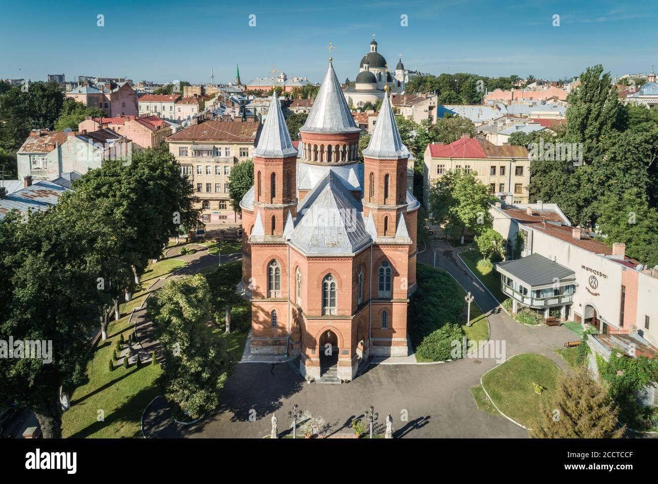 Vista aerea di una sala d'organo situata nell'ex chiesa armena di Chernivtsi, Ucraina. Viaggi desrinations e luoghi di avvistseeng in Ucraina Foto Stock