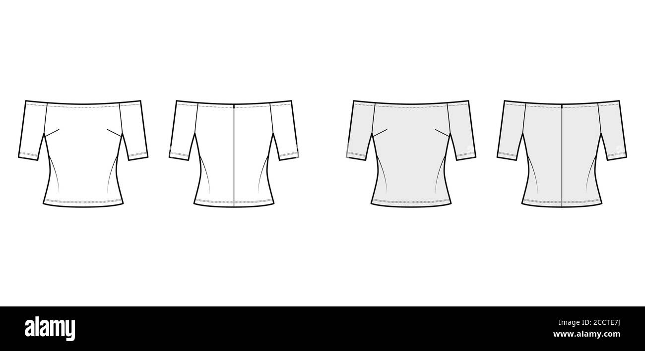 Illustrazione tecnica della moda con chiusura a tracolla, maniche corte, chiusura a zip nascosta lungo il retro. Mascherina di abbigliamento piatta anteriore, posteriore di colore grigio bianco. Donna uomo Unisex camicia mockup Illustrazione Vettoriale