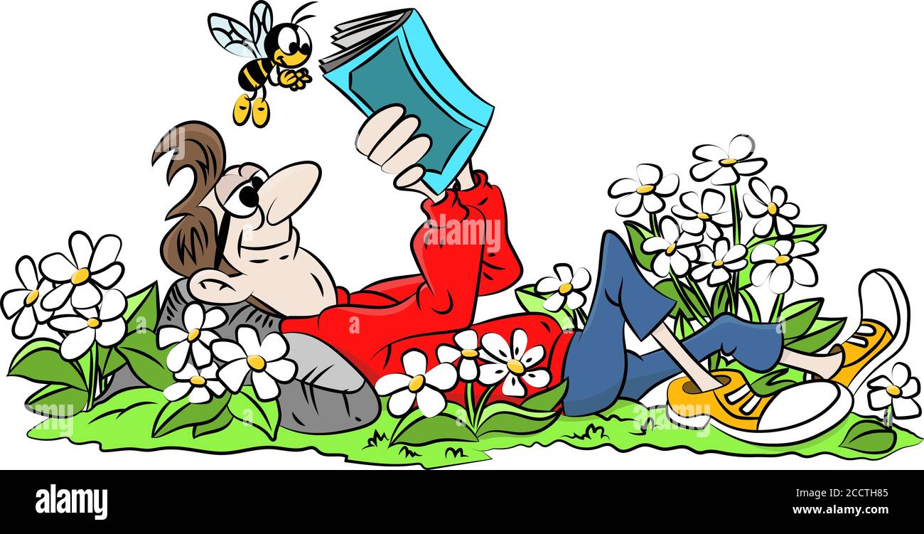 L'uomo del cartone animato che giace sull'erba leggendo un'illustrazione del vettore del libro Illustrazione Vettoriale