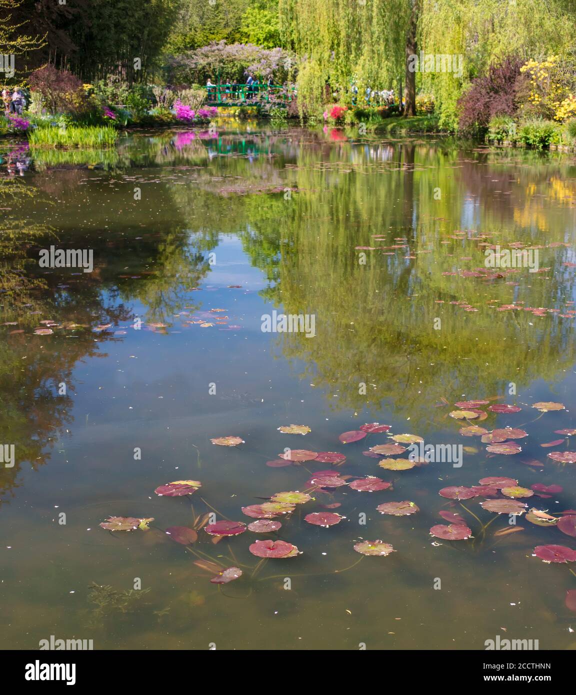 Ponte giapponese e Lily Pond, casa e giardini di Claude Monet, Giverny, Normandia, Francia Foto Stock