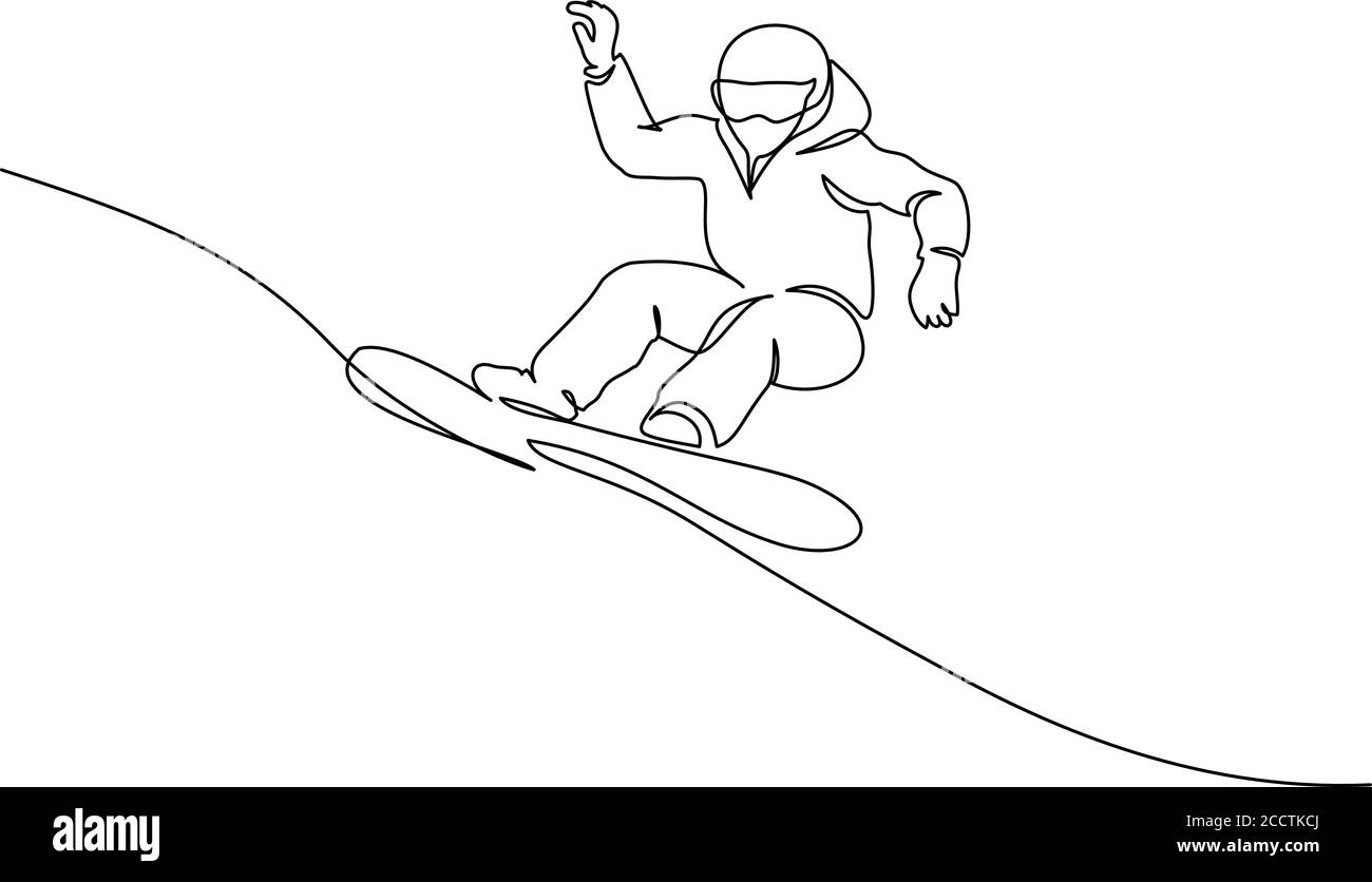 Disegno continuo di una linea. Un giovane snowboarder guida lo snowboard veloce sulla montagna innevata. Concetto di sport turistico. Immagine vettoriale nera su bianca Illustrazione Vettoriale
