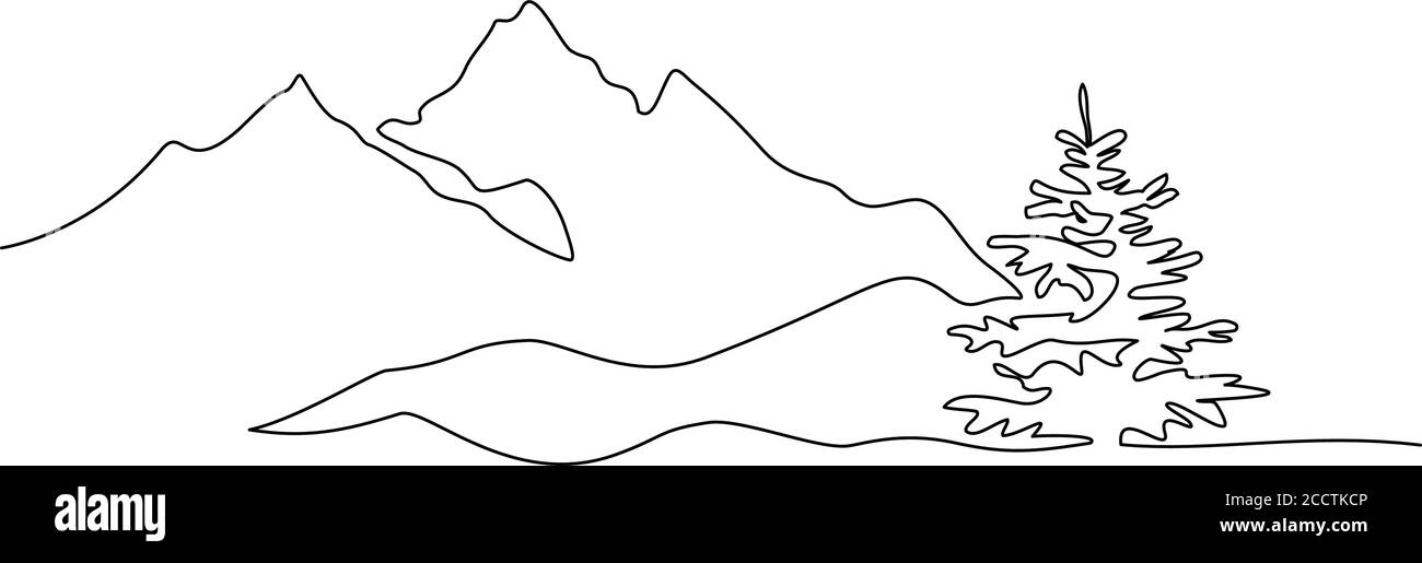 Paesaggio montano con abete. Disegno continuo di una linea. Viaggi. Grafica minimalista. Immagine vettoriale nera su bianca Illustrazione Vettoriale