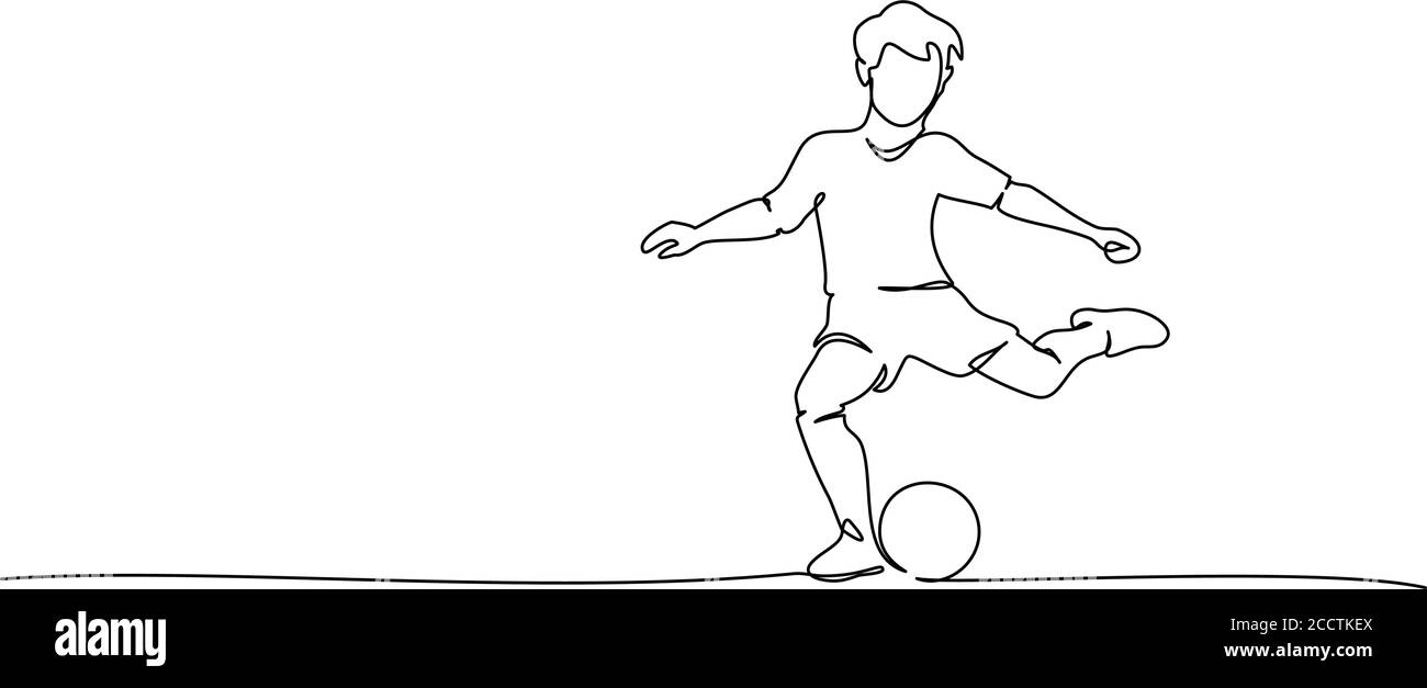 Disegno continuo di una linea. Il ragazzo gioca a calcio. Sport Concept illustrazioni vettoriali nero su bianco Illustrazione Vettoriale