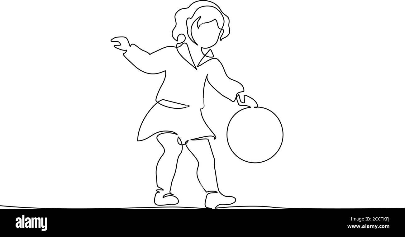 Bambina che gioca con la palla. Disegno continuo a una linea. Immagine vettoriale nera su bianca. Per l'educazione dei cartoni animati, l'educazione prescolare, l'asilo, i bambini e i bambini. Illustrazione Vettoriale