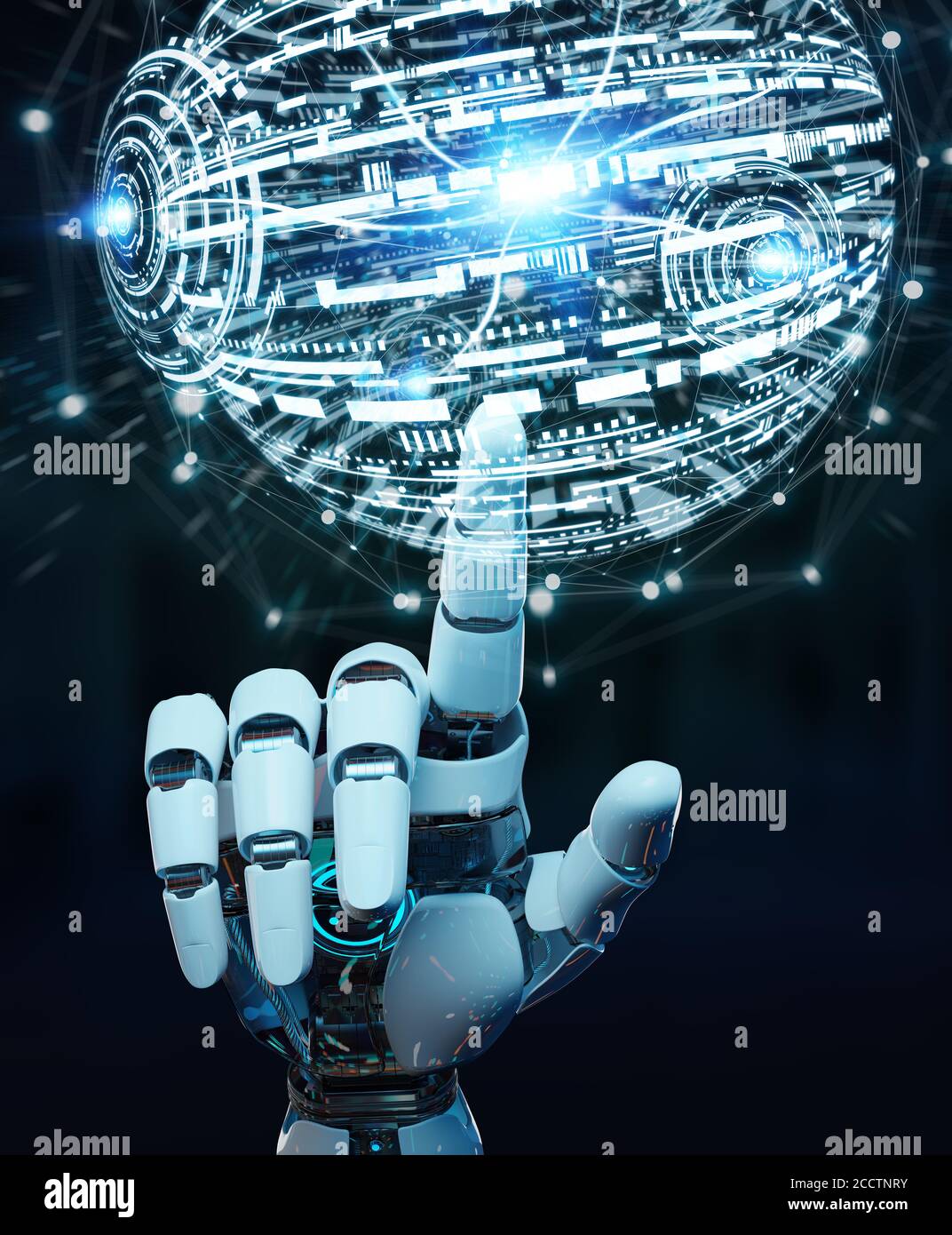 Mano bianca del robot su sfondo sfocato utilizzando il globo digitale hud Rendering 3D dell'interfaccia Foto Stock