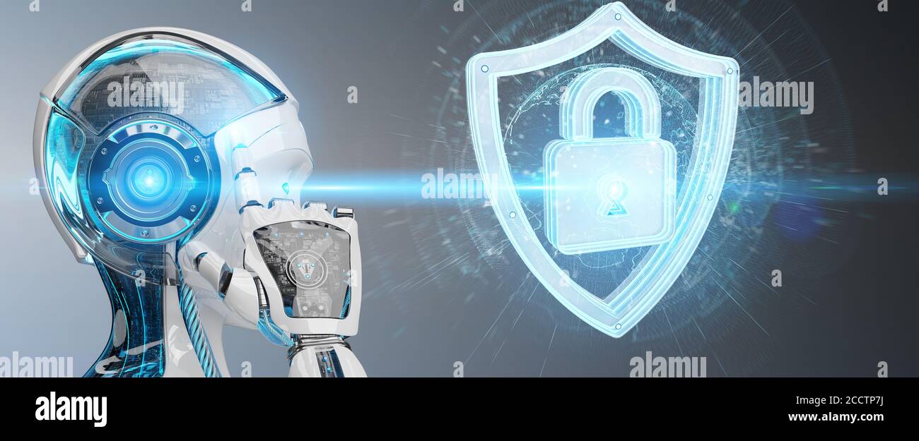 Donna bianca umanoide su sfondo sfocato utilizzando web Security 3D rendering Foto Stock