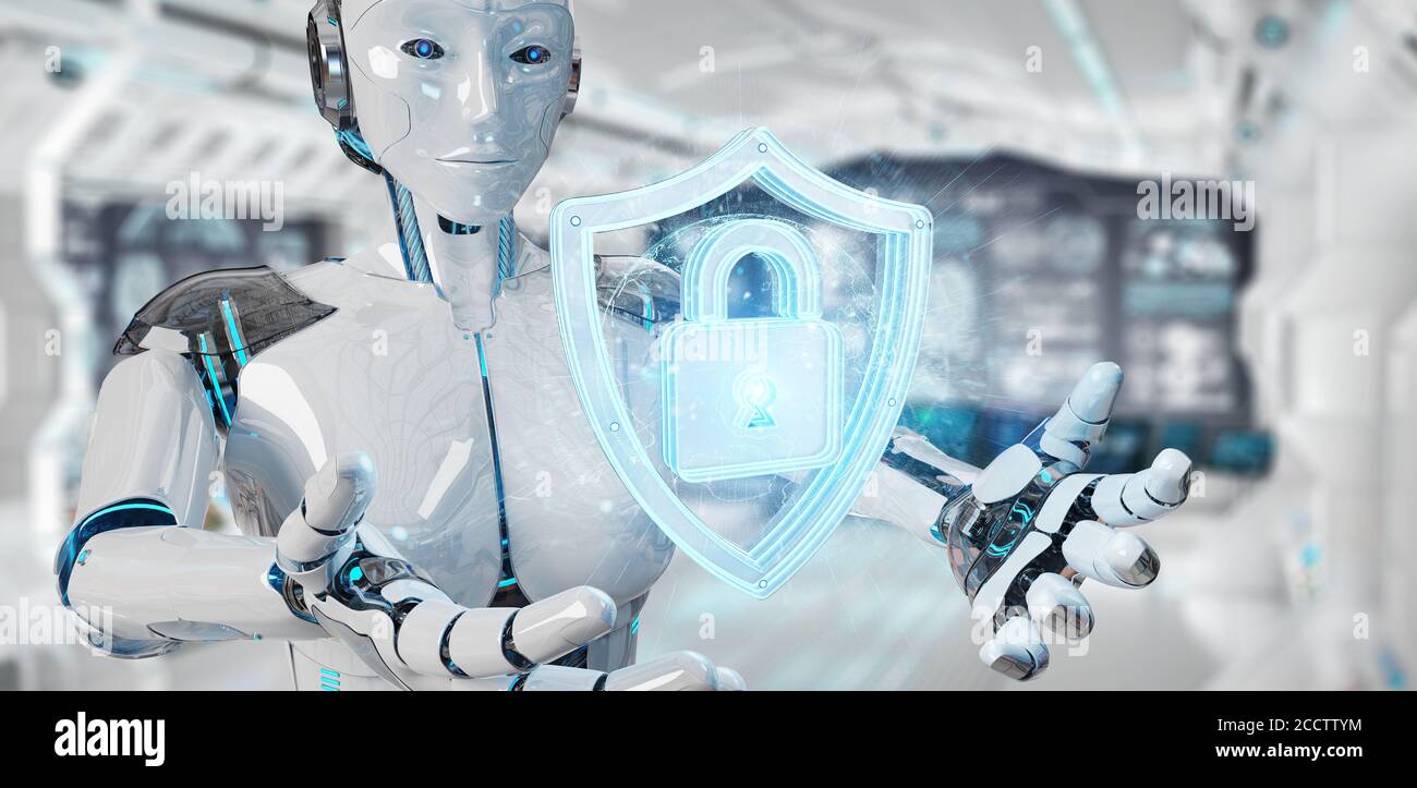 Donna bianca umanoide su sfondo sfocato utilizzando web Security 3D rendering Foto Stock