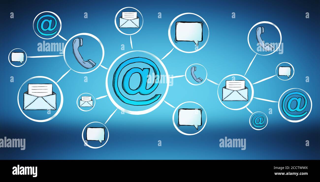 I contatti disegnati a mano e le e-mail disegnano su sfondo blu Foto Stock