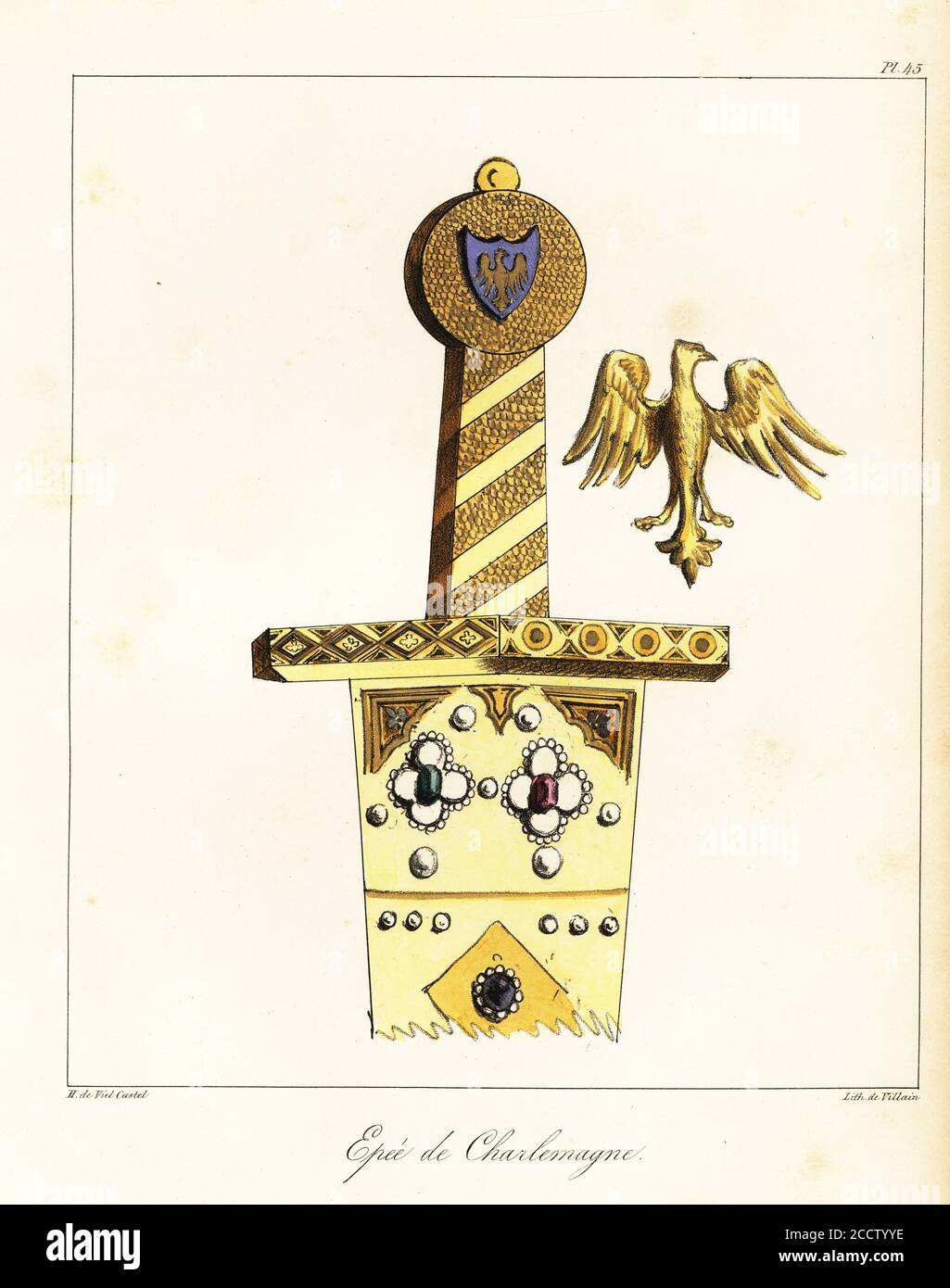 Pommel rotondo con aquila, guardia corta e scabarda della spada di Carlo Magno incrostata di gemme. Carlo il Grande o Carlo i (748-814) fu re dei Franchi, Longobardi e Imperatore dei Romani. EPEE de Charlemagne. Litografia colorata a mano di Villain dopo un'illustrazione di Horace de Viel-Castel dalla sua Collection des Costumes, armes et meubles pour servir à l'histoire de la France (Collezione di costumi, armi e mobili da utilizzare nella storia della Francia), Treuttel & Wurtz, Bossange, 1827. Foto Stock