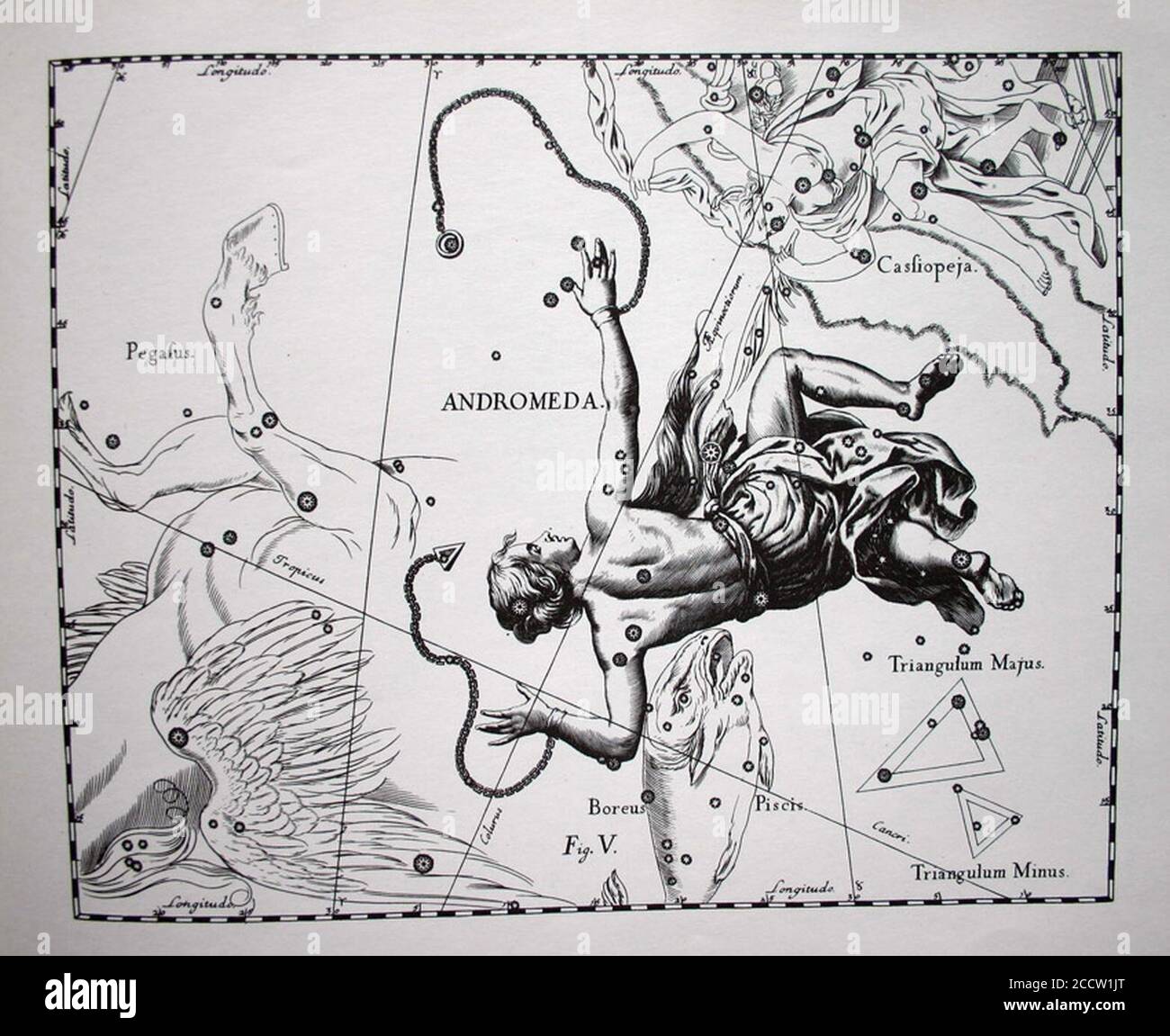 Johannes Hevelius - Prodromus Astronomia - Volume III ‘Firmamentum Sobiescianum, sive uranographia‘ - Tavola V - Andromeda. Foto Stock
