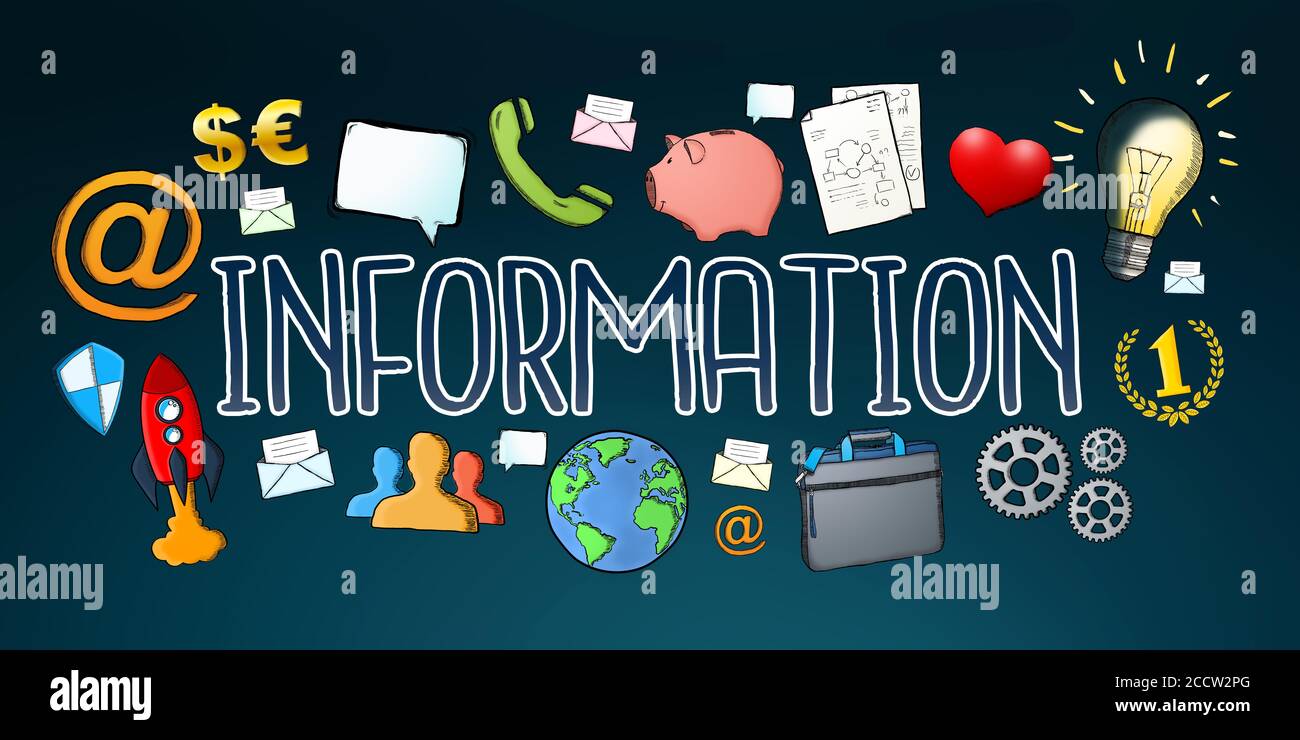 Testo informativo disegnato a mano con icone su sfondo scuro Foto Stock