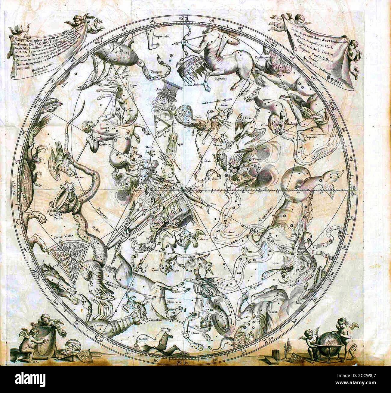 Johannes Hevelius - Prodromus Astronomia - Volume III ‘Firmamentum Sobiescianum, sive uranographia‘ - Tavola Emisfero Australe. Foto Stock