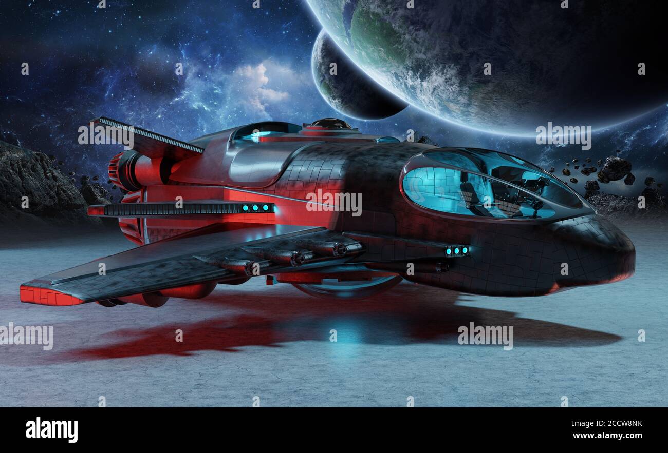 Astronave futuristica metalica nera su sfondo planetario elementi di rendering 3D Di questa immagine fornita dalla NASA Foto Stock