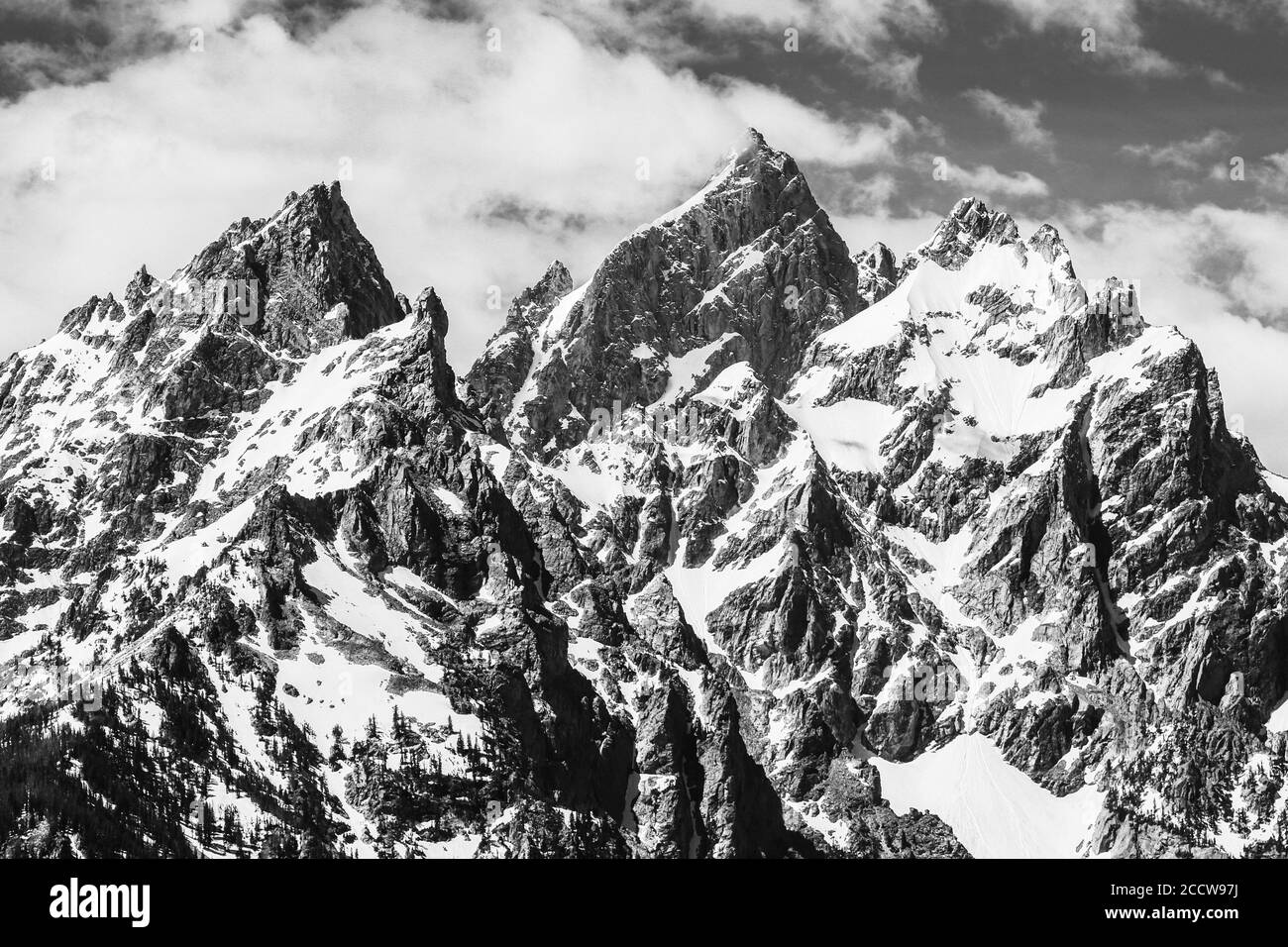 Il gruppo Cattedrale di montagne in bianco e nero di Grand Teton National Park con nuvole e neve su un giorno d'estate Foto Stock