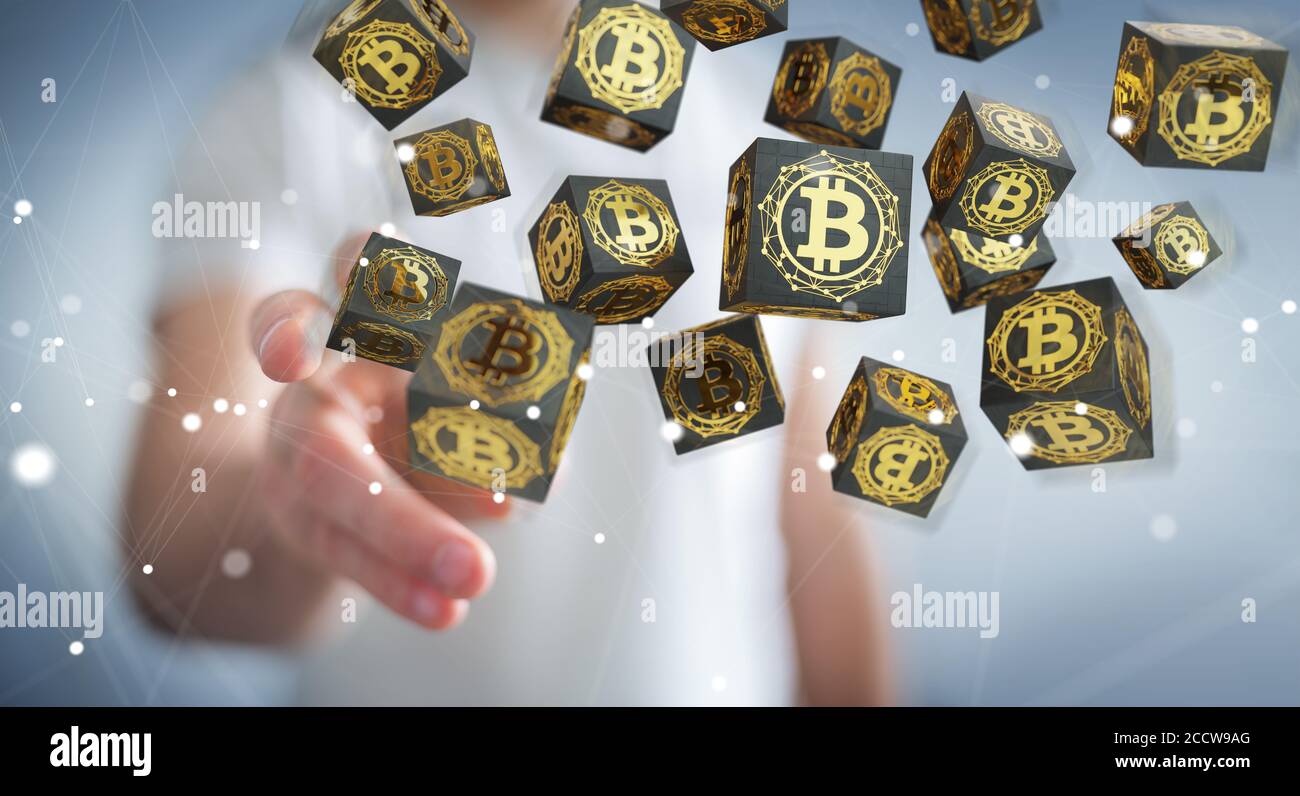Uomo d'affari su sfondo sfocato utilizzando cryptocurrency bitcoins rendering 3D Foto Stock