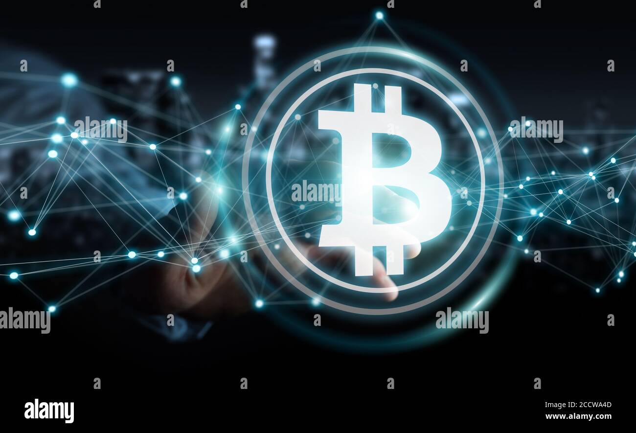 Uomo d'affari su sfondo sfocato utilizzando cryptocurrency bitcoins rendering 3D Foto Stock