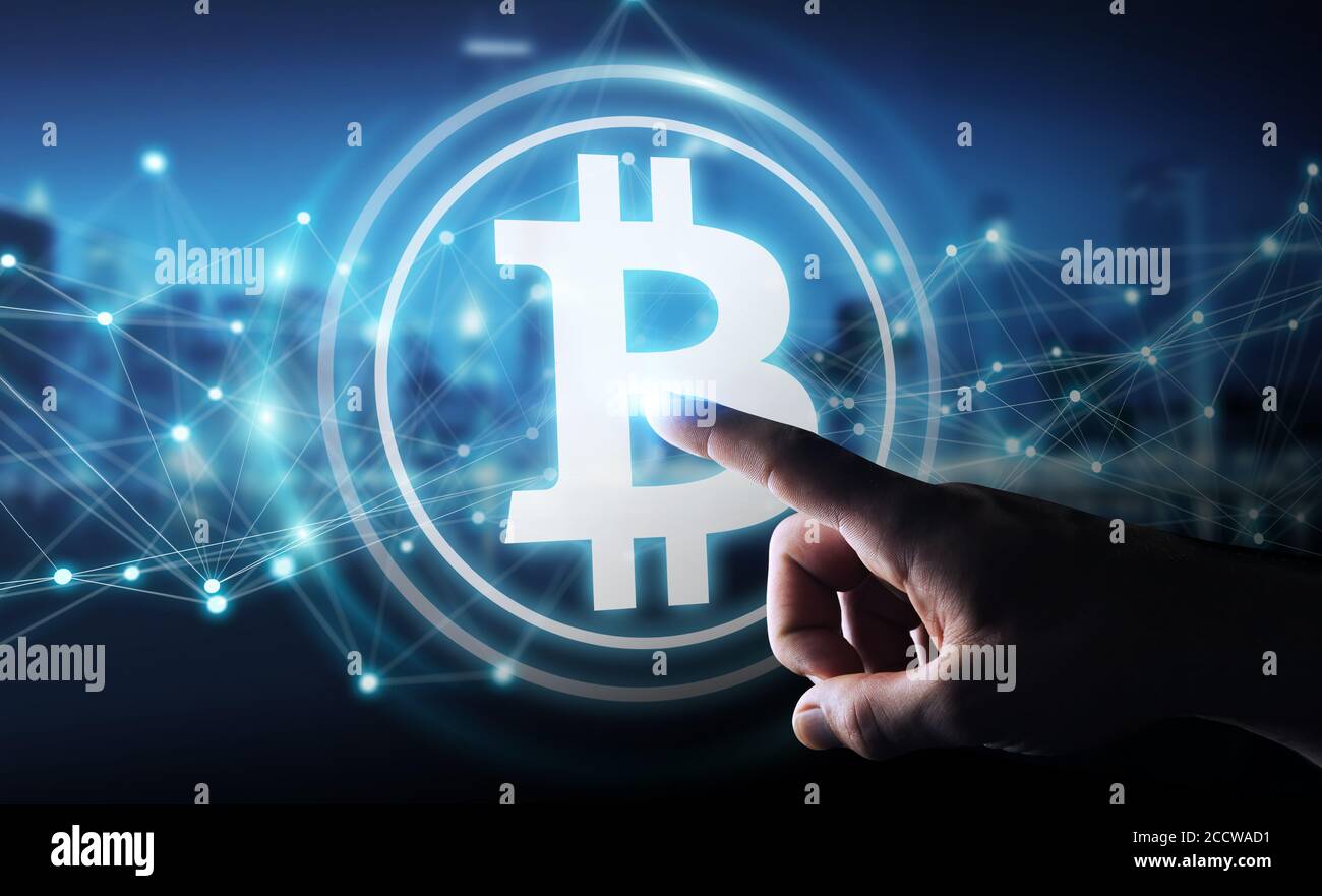 Uomo d'affari su sfondo sfocato utilizzando cryptocurrency bitcoins rendering 3D Foto Stock