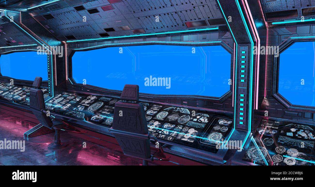 Interno Grunge Spaceship con rendering 3D su sfondo blu Foto Stock