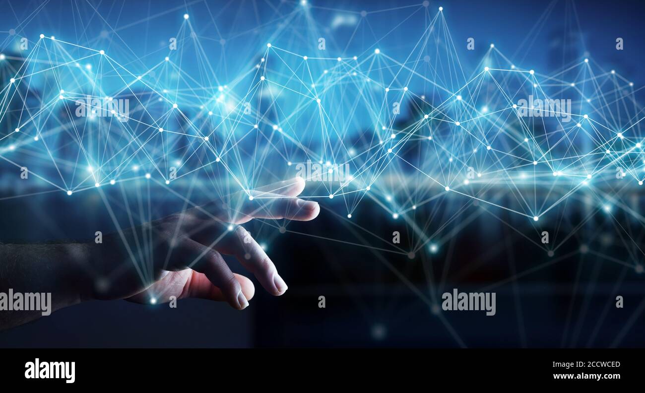 Uomo d'affari su sfondo sfocato utilizzando il rendering 3D flying network Connection Foto Stock