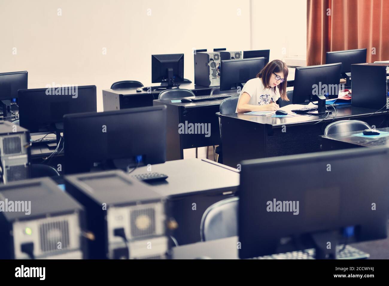 Solo una studentessa di informatica e di tecnologia che lavora in classe e l'apprendimento del concetto di persistenza Foto Stock
