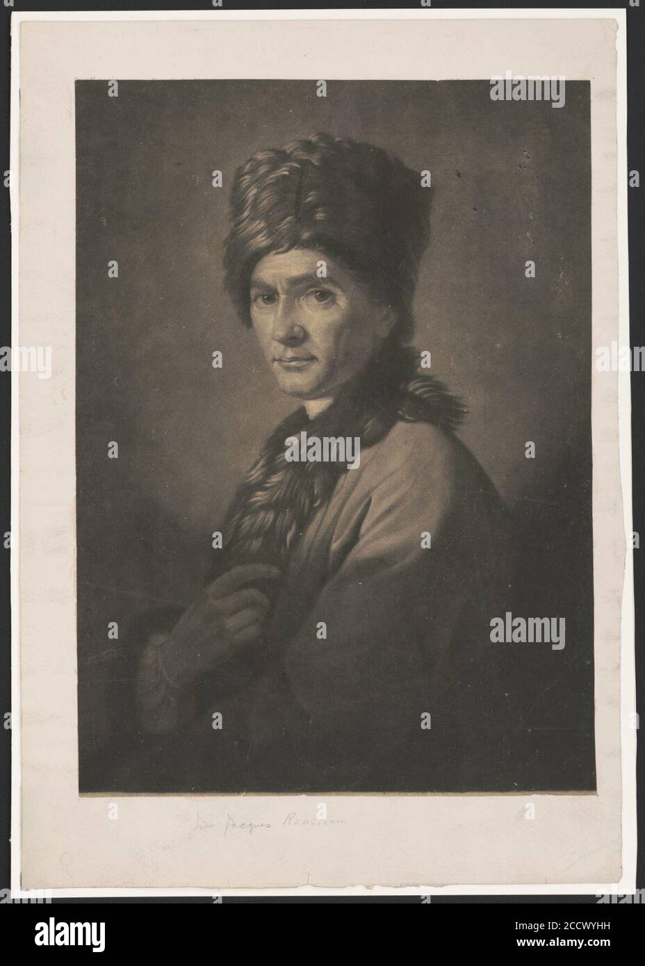 Jean Jacques Rousseau, mezza lunghezza verticale, rivolto verso sinistra con la mano destra sul petto, indossando fur-guarniti di cappotto e hat Foto Stock