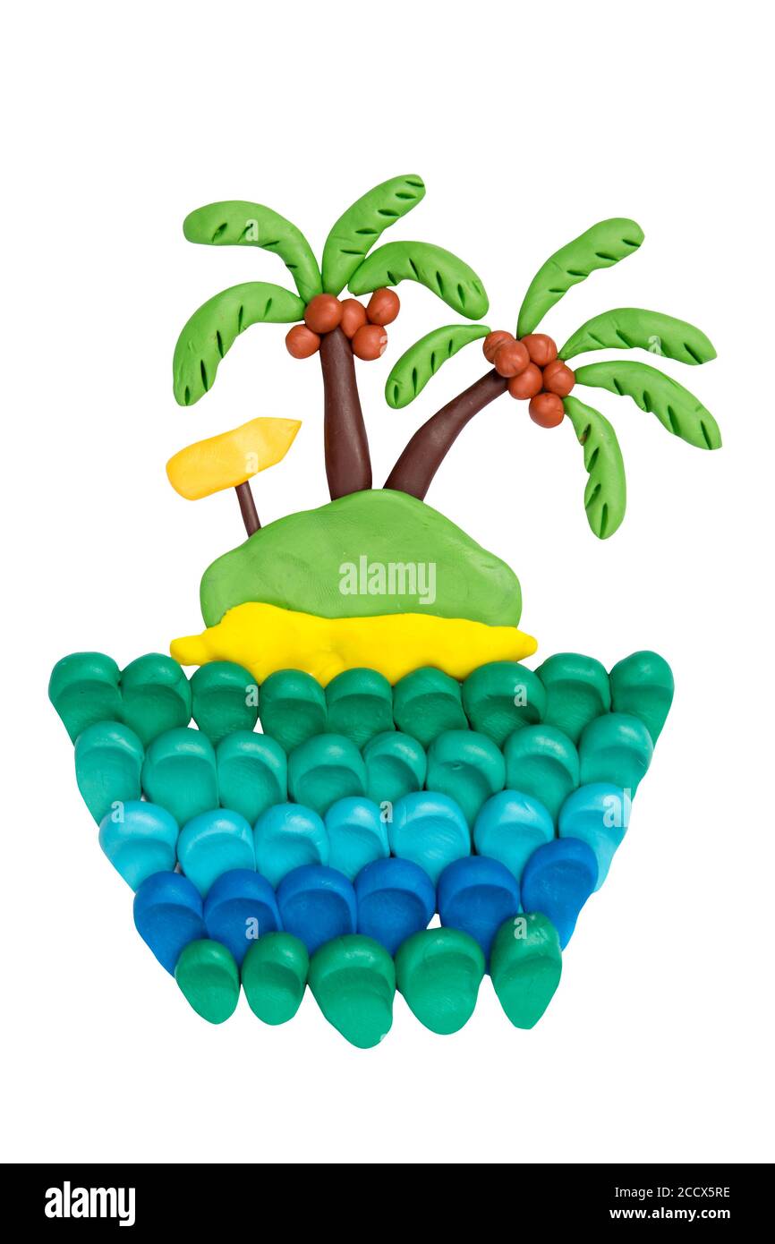 Isola di palme di Coconat isolata su sfondo bianco. Opere d'arte per bambini. Foto Stock