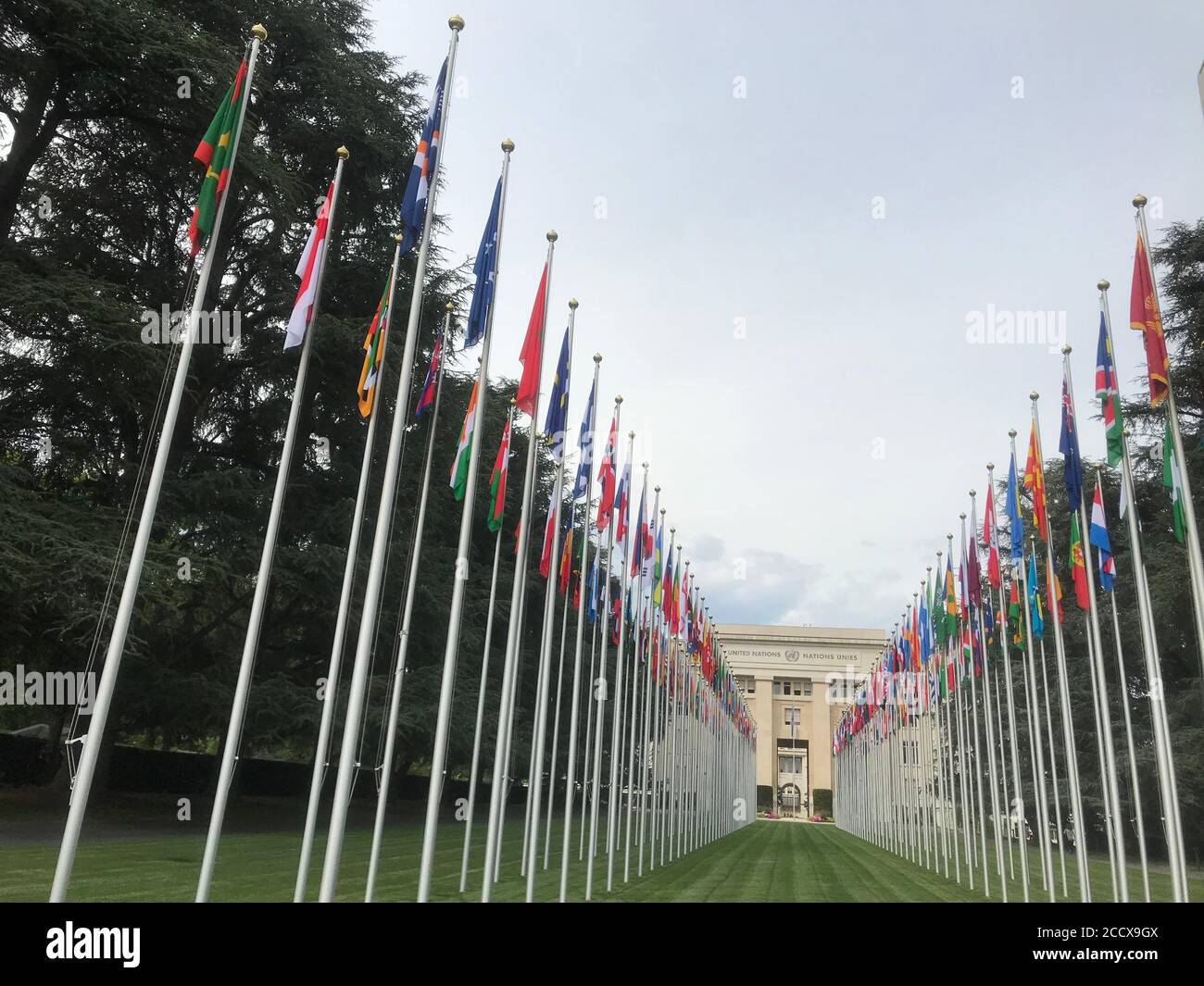 GINEVRA, SVIZZERA 7 luglio 2019- Firma all'ingresso della sede centrale delle Nazioni Unite (ONU) a Ginevra, Svizzera. Foto Stock