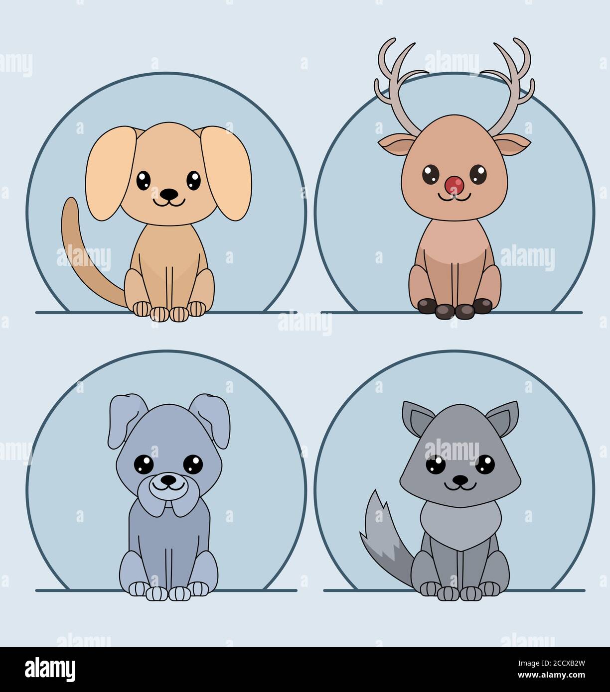Set di simpatici cani e cervi da cartoni animati lineari. Elemento vettoriale per la vostra creatività Illustrazione Vettoriale