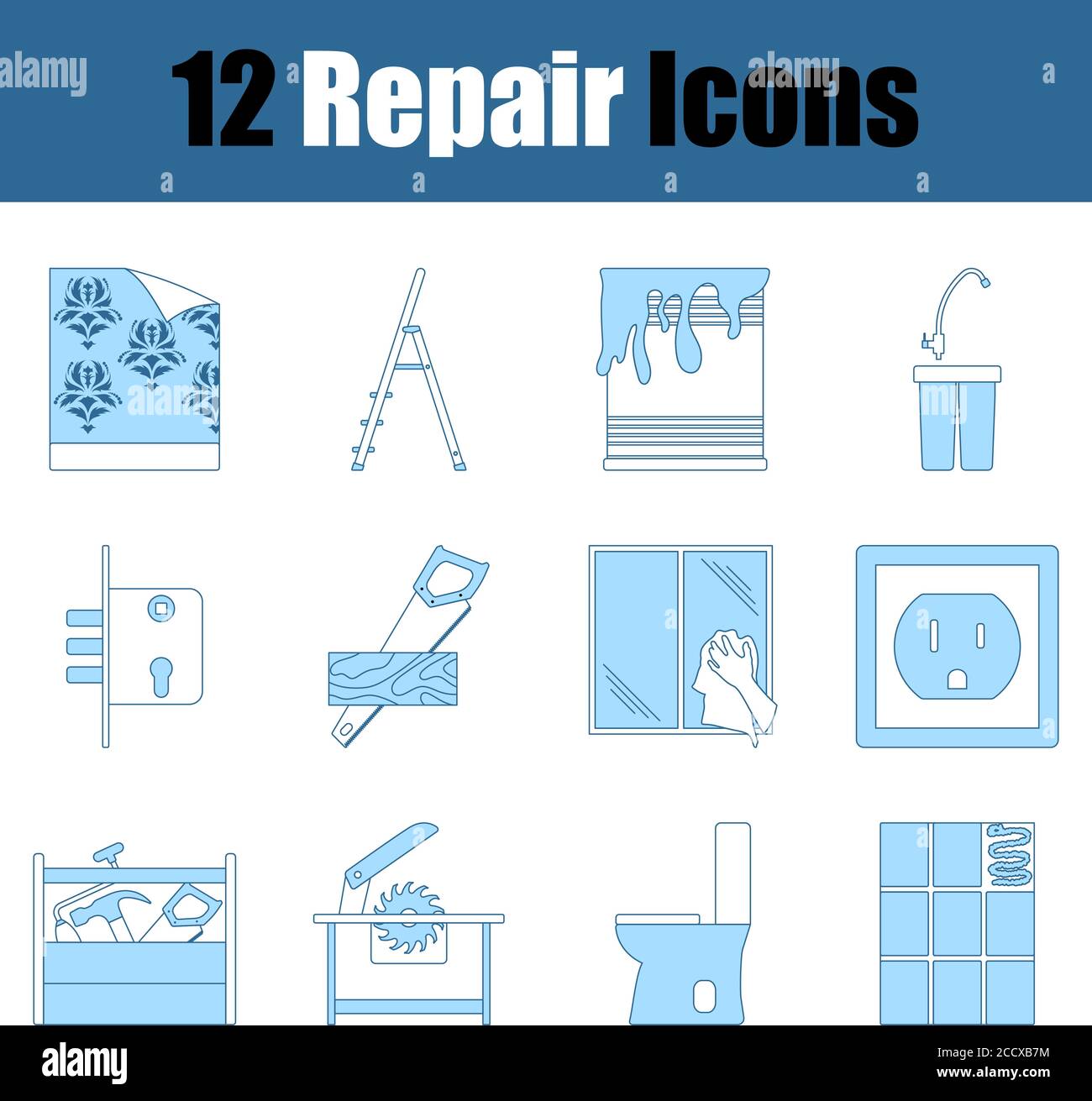 Riparare il set di icone. Linea sottile con design di riempimento blu. Illustrazione vettoriale. Illustrazione Vettoriale