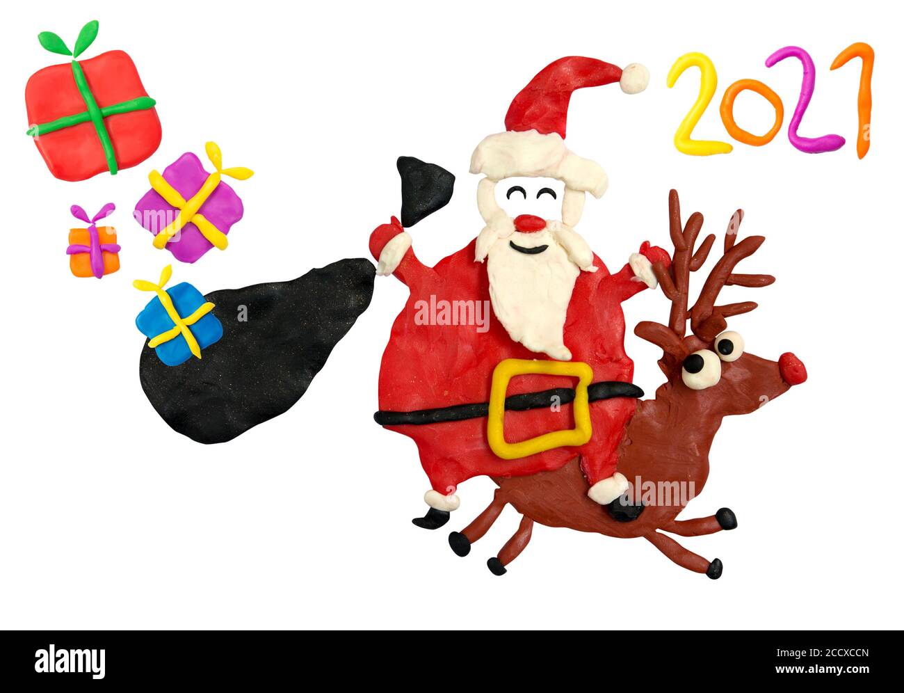 Divertimento Cartoon Santa cavalca un cervo con regali di Natale nella sua borsa. Foto Stock