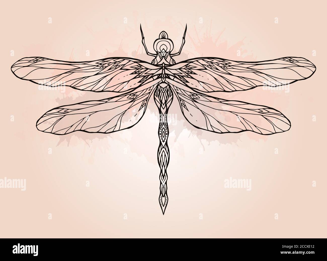 Illustrazione della libellula in bianco e nero con motivo boho e spruzzi di acquerello. Elemento vettoriale per disegnare tatuaggi, stampare su T-shirt, cartoline Illustrazione Vettoriale