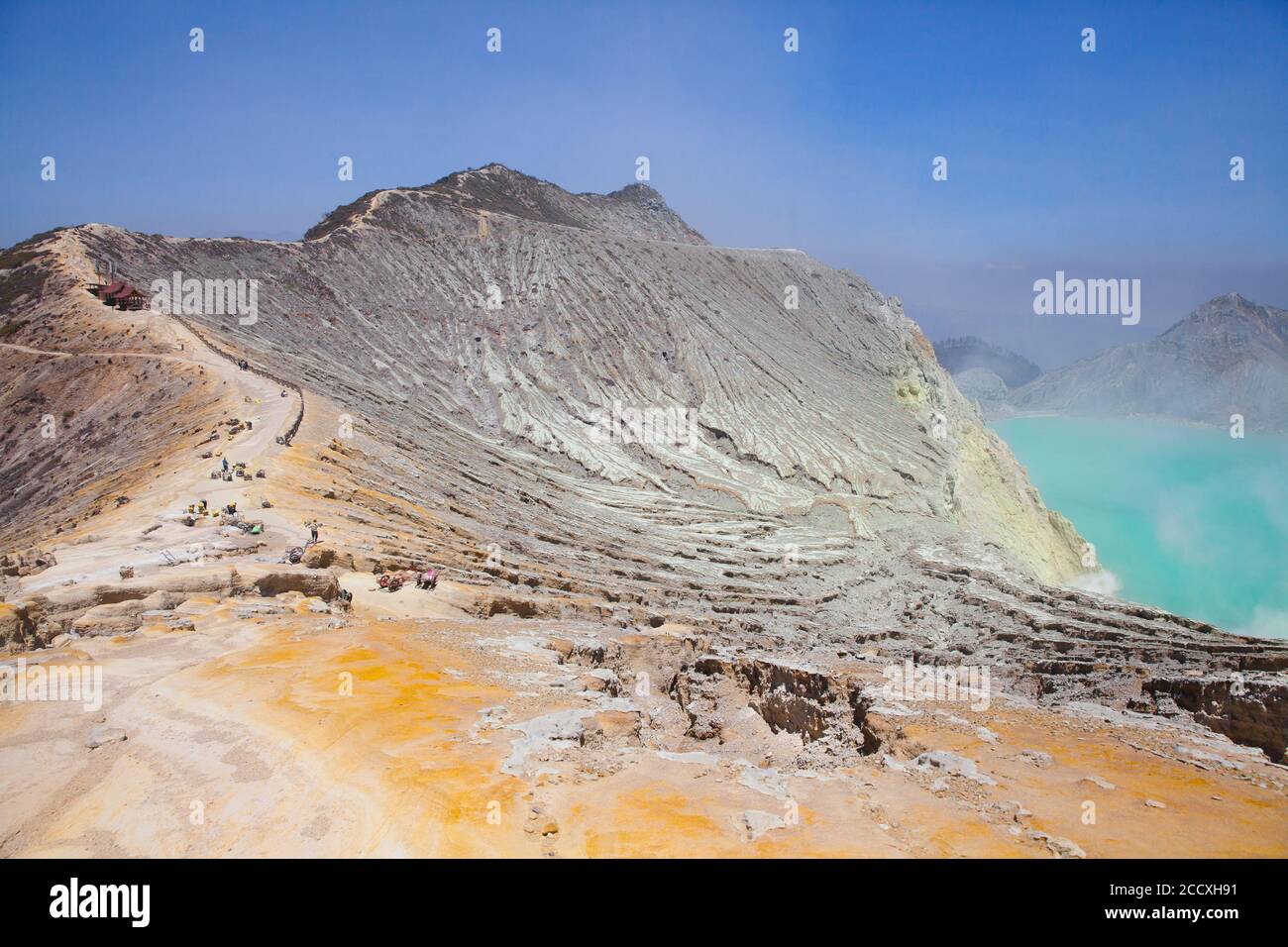 Foto aerea del vulcano attivo Ijen in Giava Orientale - il più grande lago cratere altamente acido del mondo con acqua solforico turchese. Sito di estrazione dello zolfo. F Foto Stock