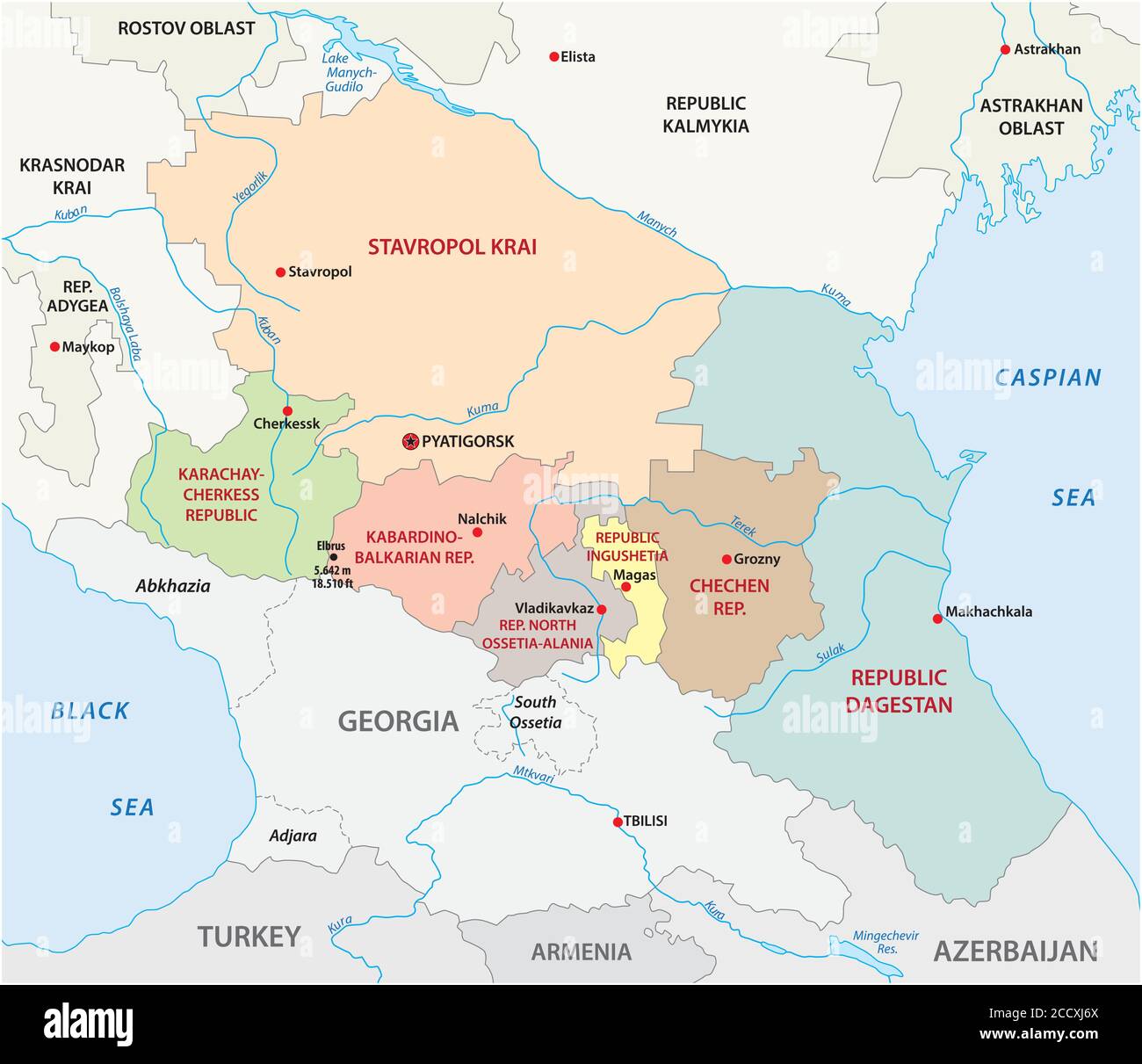 Mappa amministrativa vettoriale del Distretto Federale Caucasico del Nord Russo Illustrazione Vettoriale