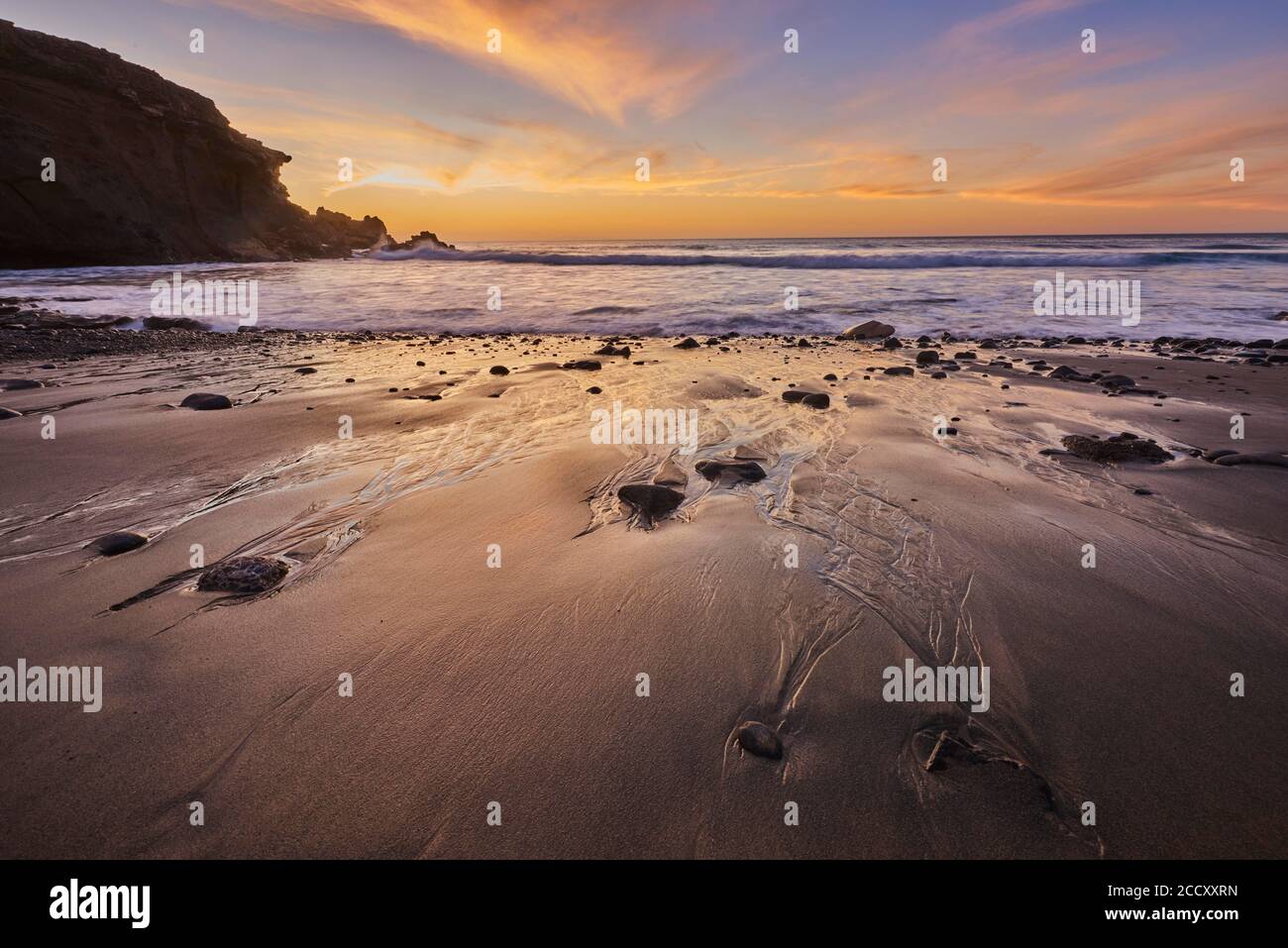 Spiaggia Playa de la Pared al tramonto, Fuerteventura, Isole Canarie, Spagna Foto Stock