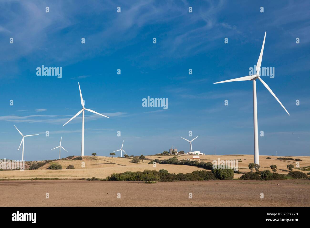 Turbine eoliche su campi, Medina Sidonia, provincia di Cadice, Spagna Foto Stock