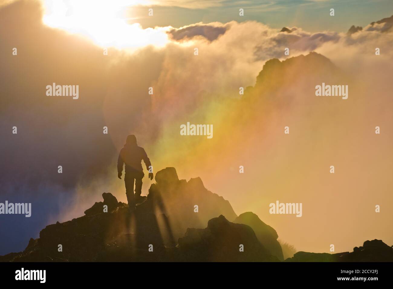 Un uomo che cammina su un crinale di montagna sullo sfondo del sole nascente, Parco Nazionale di Tatra, Polonia Foto Stock