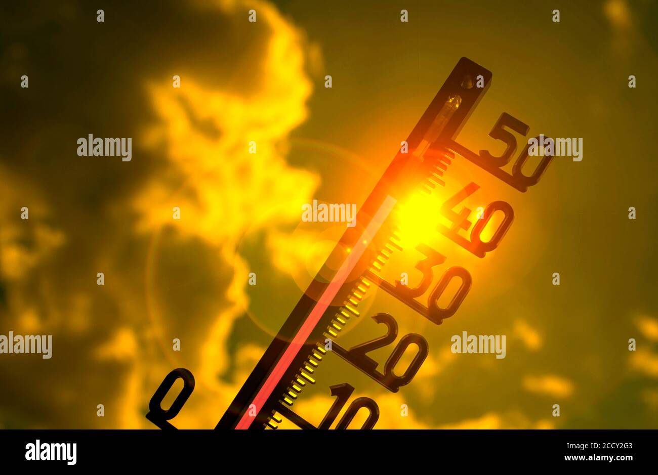Immagine simbolo onda di calore, termometro al sole, 40 gradi Celsius, Baden-Wuerttemberg, Germania Foto Stock