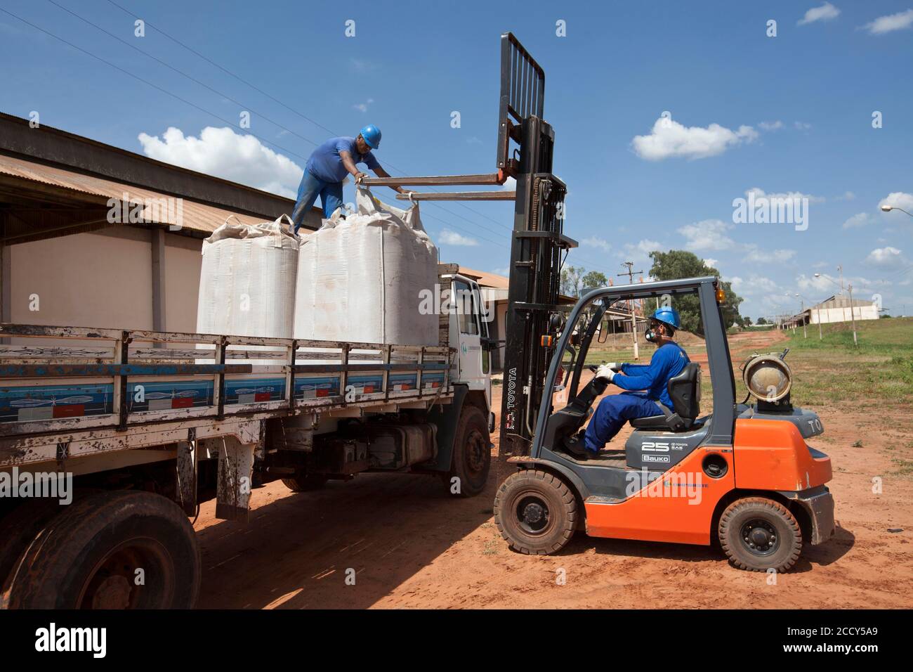 Operaio Manuvers Ascensore camion con uno e mezzo Ton Coffee Sacks vicino Luis Eduardo Magalhaes, Bahia, Brasile Foto Stock
