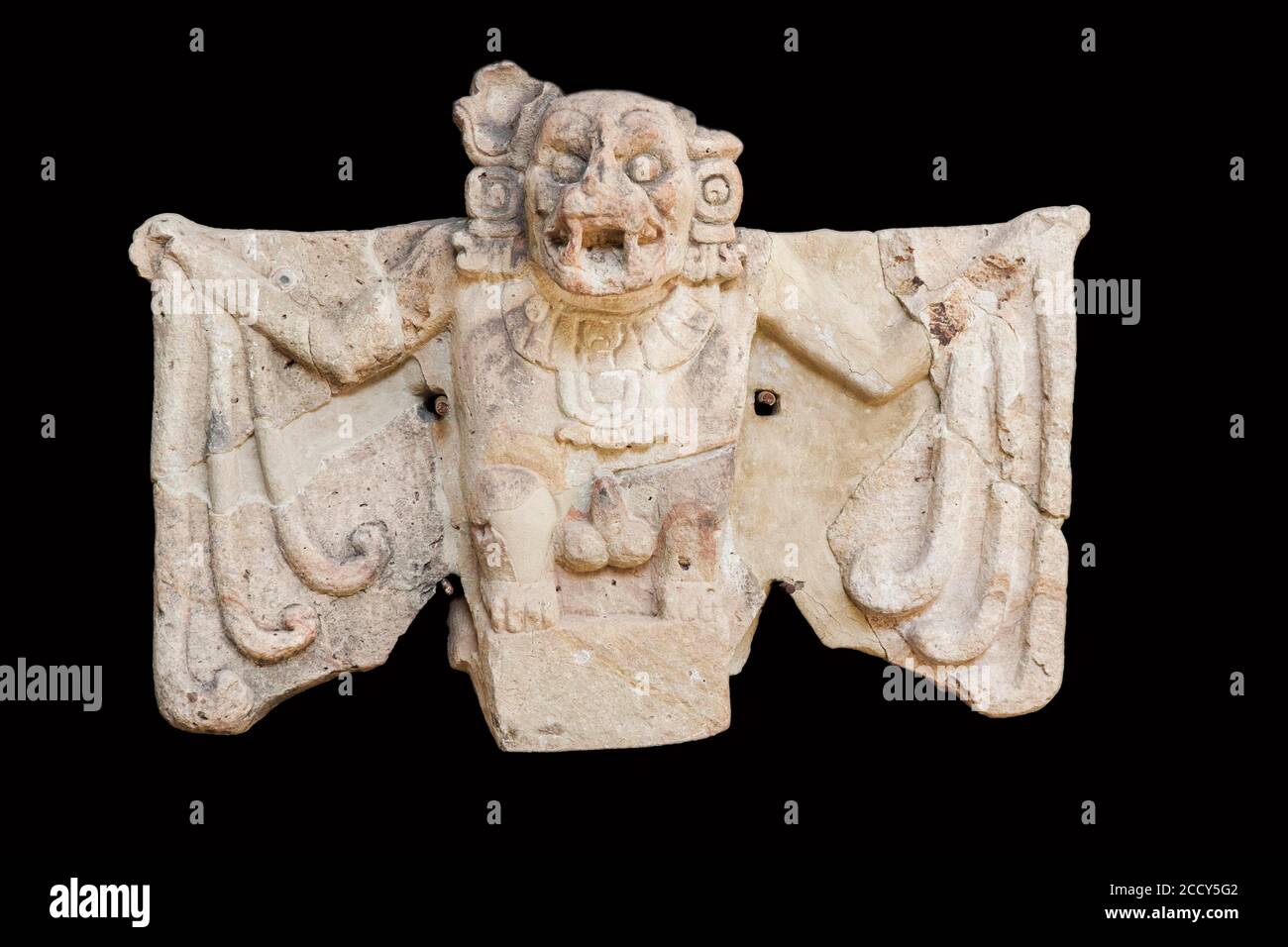 Bat scolpito dal Tempio 20 nell'Acropoli e emblema di CopaÌn, Museo Archeologico, Villaggio di Copan Ruinas, Honduras Foto Stock